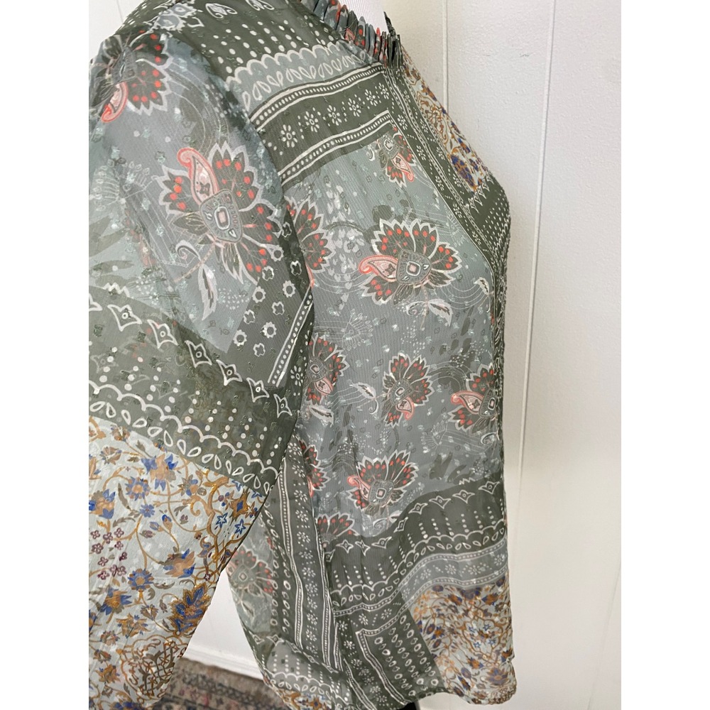 World‎ Market Green Patchwork Paisley Floral Sheer Blouse Long Sleeve Top Sz S/M - Picture 4 of 10